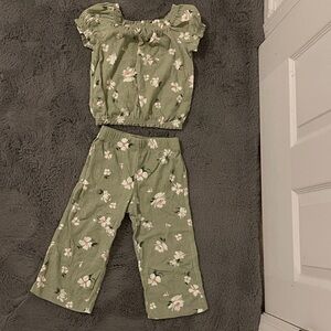 Carter's Olive Green Floral Smocked Crop Top & Wide-Leg Pants Set